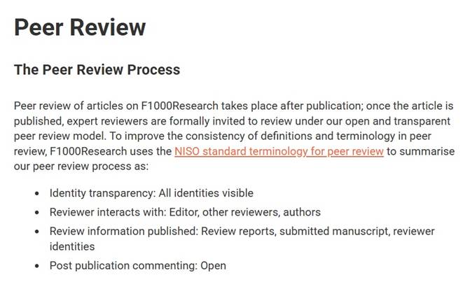 Screenshot of author guidelines from f1000Research explaining post publication peer review at the journal