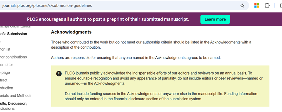 Screenshot from PLOS ONE journal stating "Do not include funding sources in the Acknowledgements or anywhere else in the manuscript file. Funding information should only be entered in the financial disclosure section of the submission system."