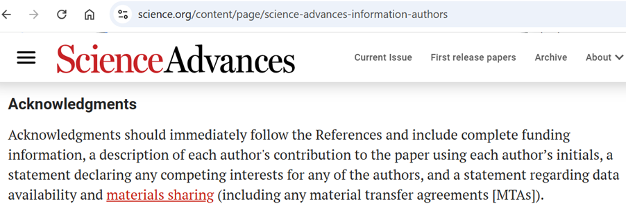Screenshot of the journal Science Advances stating "Acknowledgements should immediately follow the References and include complete funding information ..."